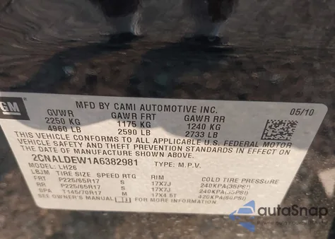 2010 Chevrolet Equinox Lt z USA, uszkodzony, nr VIN 2CNALDEW1A6382981